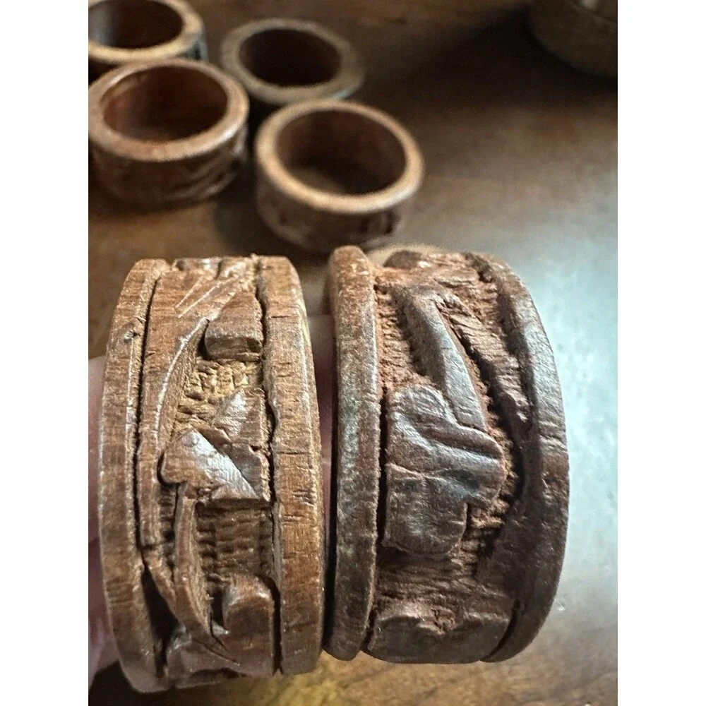 Vintage Carved Teak Wood Napkin Rings Set of 8 Measures 1 7/8 by 5/8